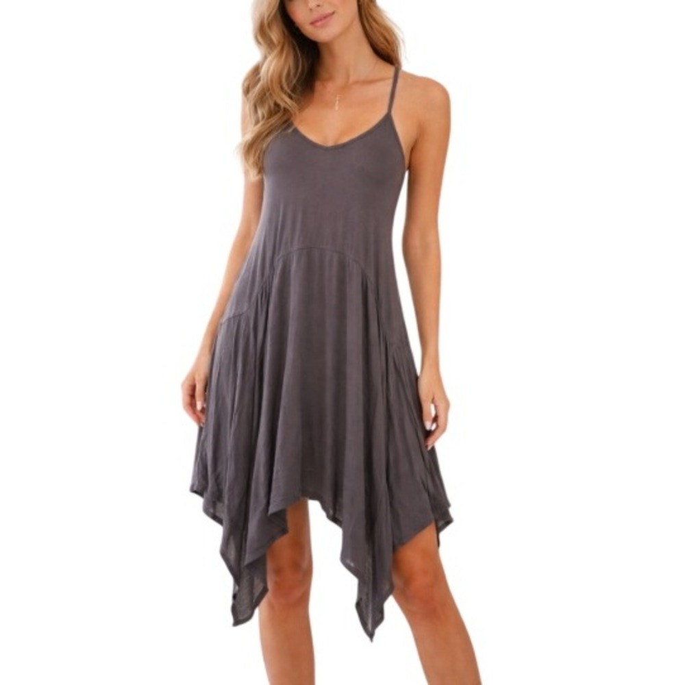 Mod Ref Charcoal Grey Macrame Back Handkerchief Hem‎ Dress Size M